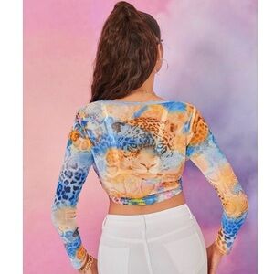 SHEIN Vibrant Animal Print Tie-Front Crop Top